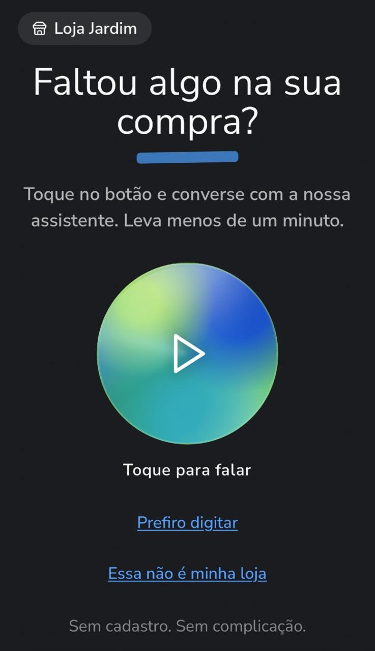 Tela do Ruptura Control da Loja Jardim com as opções Toque para falar e Prefiro digitar